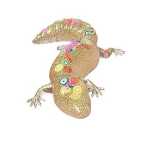 Cute 5" Glitter Resin Gecko Lizard Figurine Fruit Slice Embellished Desk Decor